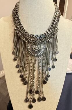 Vintage Runway Statement Necklace Silver Tone Fringe 17”